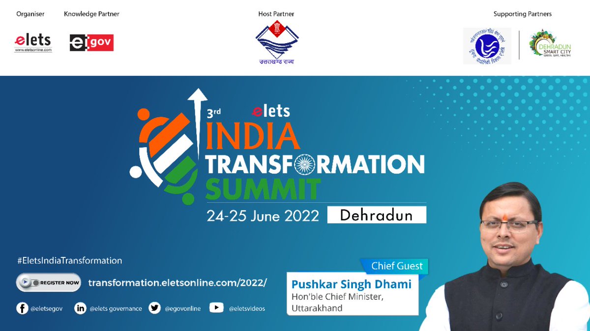 egovonline's tweet photo. Welcome I @pushkardhami, Hon’ble Chief Minister of Uttarakhand to join 3rd Elets India Transformation Summit as Chief Guest.
Get ready to witness the power-packed summit on 24-25 June at Dehradun!
Register Here | https://t.co/ngAQyQqkcr
#EletsIndiaTransformation https://t.co/CfeZW4vqNK