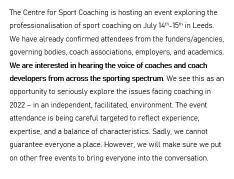 Coaches and coach developers – have your say at an important event

Sport coaching professionalisation in the UK in 2022: Where are we?

Please register your details here and we will be in touch.
forms.gle/8FEywJuyBCkmaD…
