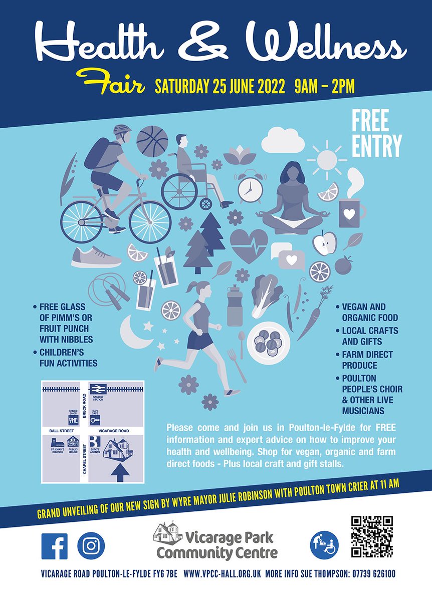 DiscoverWyre's tweet photo. Health &amp; Wellness Fair at Poulton-le-Fylde Community Hall. (Vicarage Park Community Centre) 25 June. Free Entry #poulton #poultonlefylde #wyre @VisitLancashire @wyrecouncil https://t.co/jygvRc6TsY