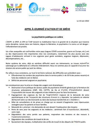 CordierCaroline's tweet photo. 📌Appel unitaire des syndicats de psychiatres publics à une journée de mobilisation, d'action & grève le 28 juin pour "défendre la #psychiatrie menacée d'effondrement" (manque "sans précédent" de psychiatres & soignants, "conséquences dramatiques" pour prise en charge usagers..) https://t.co/PH2XGkjwq6