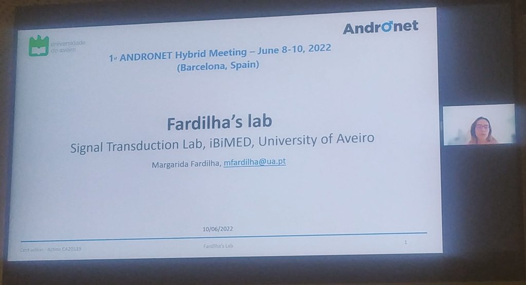 Our Lab Head, Prof. Margarida Fardilha, presenting our group in the 1st Meeting of the Andronet <a href="/AndronetScience/">COST CA20119 ANDRONET</a>