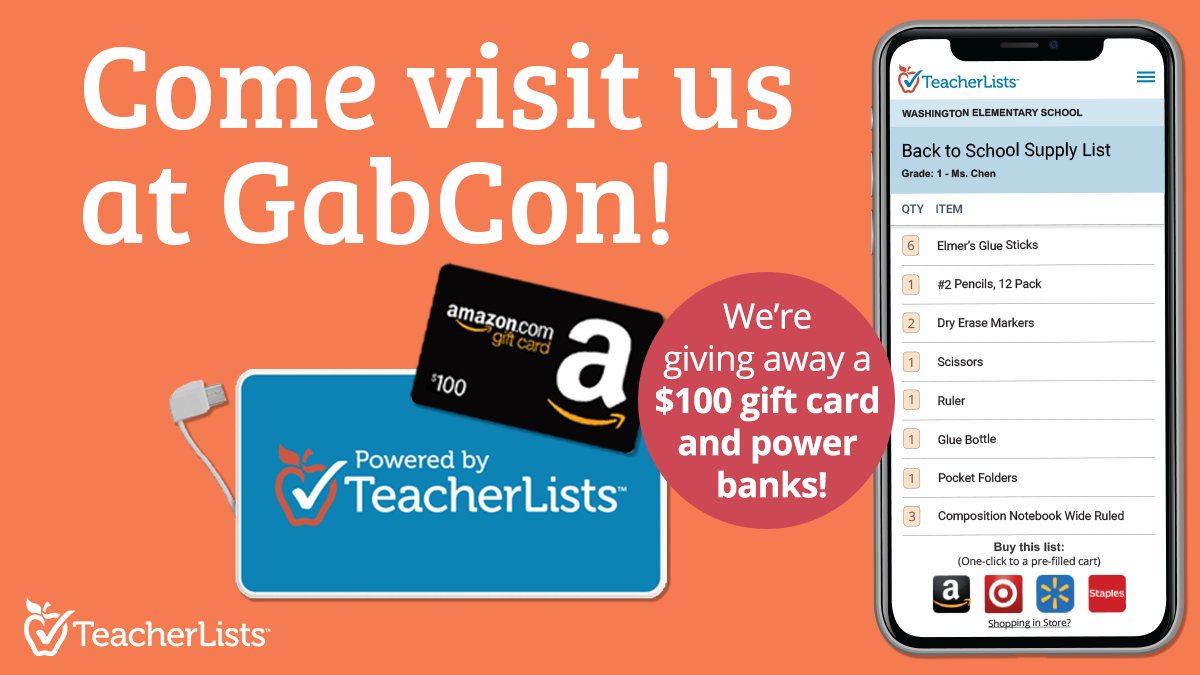 TeacherLists's tweet photo. We are so excited for #GabCon2022! Come visit us—we are giving away a $100 Amazon gift card💳and power banks!🔋

Plus, our VP of Product and Client Services Dyanne Griffin will be giving a short introduction Sunday evening before the Keynote address! You won't want to miss it!😉 https://t.co/NYb5yLJ6FG