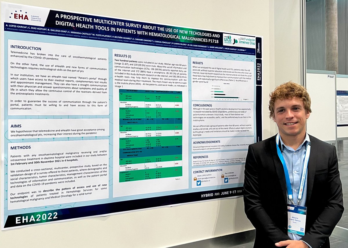 Its my pleasure to present the results of this prospective survey about the use of eHealth in oncohematological patients. Moving on a New era <a href="/UICOquironsalud/">UICO</a> <a href="/DrRaulCordoba/">Raul Cordoba, MD, PhD</a> <a href="/Hospital_FJD/">Fundación Jiménez Díaz</a>  <a href="/DraDiazAizpun/">Carola DiazAizpun</a>  #EHA2022