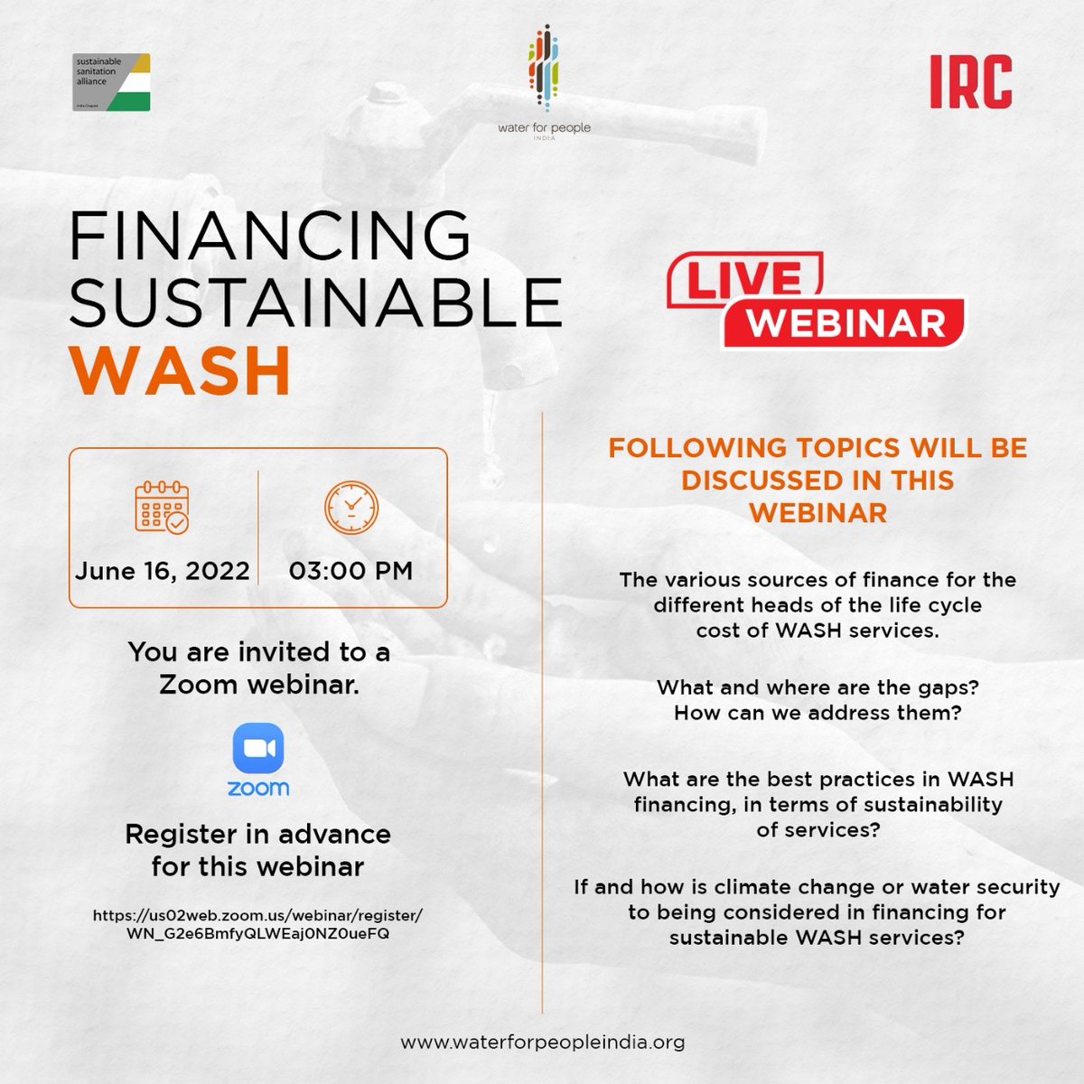 Interested in #Financing Sustainable #WASH services in #India? Join the @SuSanA India Chapter, <a href="/Water4People_IN/">Water For People India #15YearsinIndia</a> &amp; <a href="/IRCWASH/">IRC</a> webinar on 16 June, 15:00-17:00 IST | 11:30-13:30 CEST bit.ly/3myGxHx