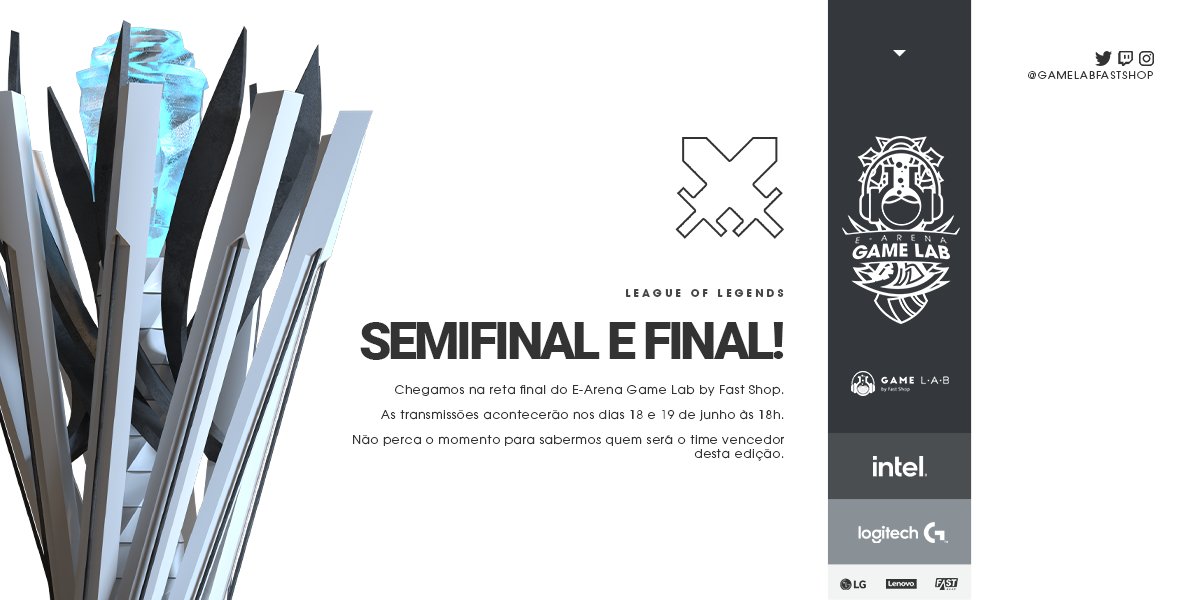A reta final do E-Arena Game Lab by Fast Shop chegou!
Confiram as transmissões nos dias 18 e 19 de junho a partir das 18h.

Acesse: bit.ly/3mB9H8T