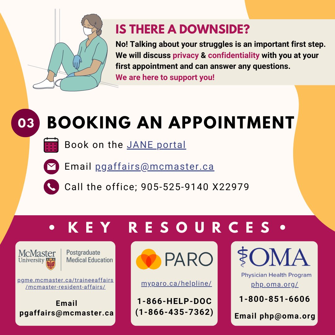 McMasterPGME's tweet photo. If you're a McMaster resident or fellow and need inclusive, private, & confidential support, PGME Resident Affairs is here for you. You can book an appointment through the JANE portal or email pgaffairs@mcmaster.ca #McMasterPGME #MacPGME #Wellness https://t.co/g3ita94VDw