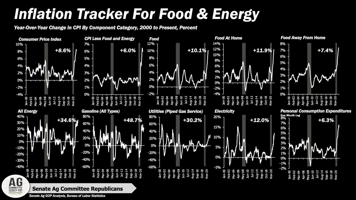 New10_AgEcon's tweet photo. 🔥#Inflation came in at 8.6% YoY, the highest since Dec 1981. Here is a look at inflation in #food and #energy going back to 2000 👇👇 @SenateAgGOP https://t.co/SIfw6MZqVA