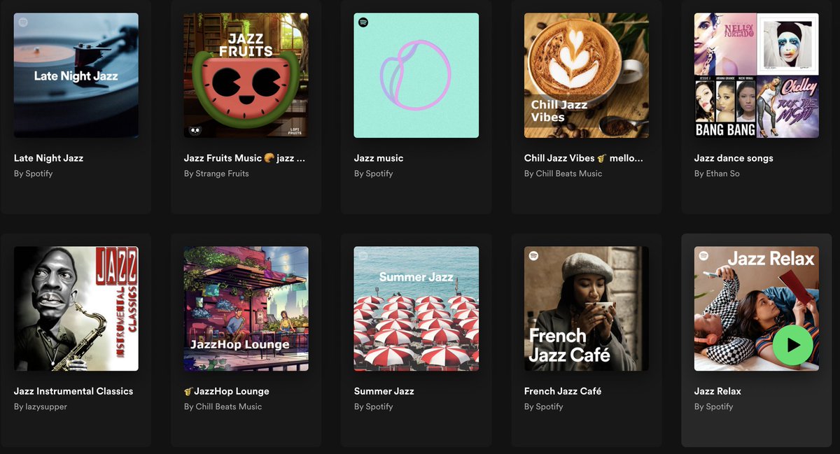 dada_drummer's tweet image. This tweet from @natechinen made me search to see the other images Spotify chooses for jazz playlists...here are the top 30 it returned. How few Black faces here...