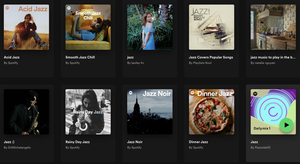dada_drummer's tweet image. This tweet from @natechinen made me search to see the other images Spotify chooses for jazz playlists...here are the top 30 it returned. How few Black faces here...
