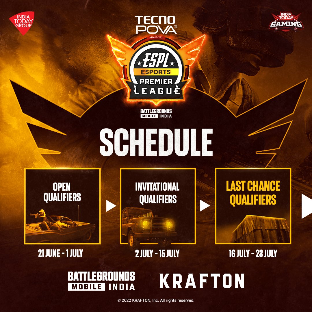 IndiaToday's tweet image. ESports Premier League (#ESPL) Season 2 is set to take place in multiple stages including Open Qualifiers, Invitational Qualifiers &amp;amp; Last Chance Qualifiers. Here's all you need to know about the schedule of #ESPL2, presented by @TecnoMobileInd.
#IndiaTodayGaming #GameSeFame