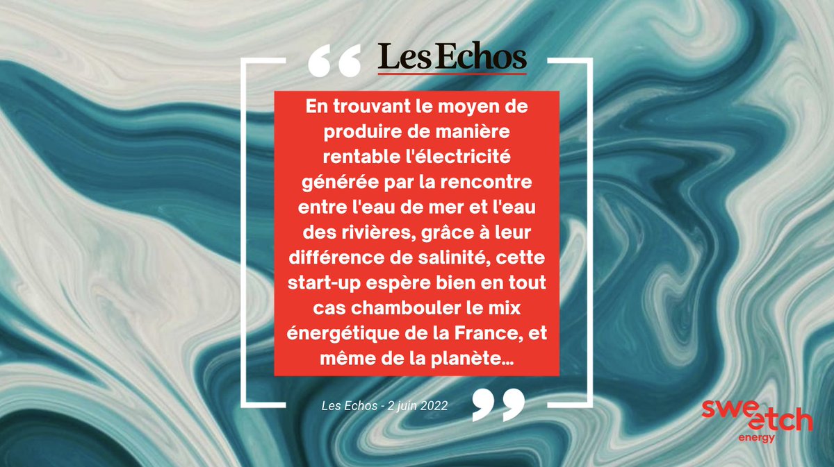 La révolution énergétique viendra... de l'eau💧. Nous avons réussi à exploiter l'énergie osmotique de manière rentable ! A lire dans <a href="/LesEchos/">Les Echos</a> et venez nous retrouver à #Vivatech2022 sur le stand B48-00 pour en parler !
 #Energie #innovation #climatetech
lesechos.fr/weekend/busine…