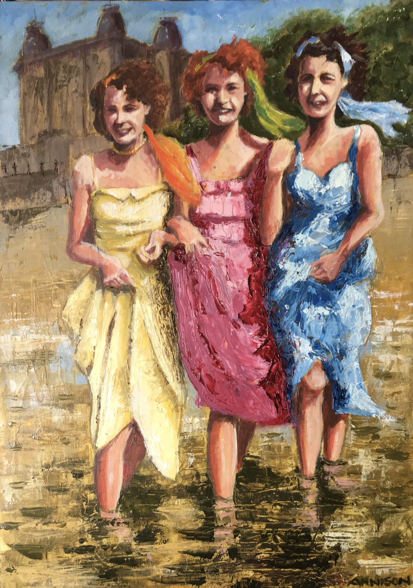 The Three Graces - oil on panel.
Taking a break from their mythological jobs and having a paddle in Scarborough.
#oilpainting 
#oilonpanel 
#northernart 
#northernartist 
#scarborough 
#northyorkshireopenstudios #paddling 
#greekmythology 
#thethreegraces 
@bekbythesea