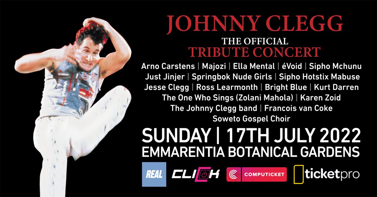 The Johnny Clegg Tribute Concert will take place on Sunday 17th of July, 2022 at the Emmarentia Botanical Gardens, which marks the third anniversary of Johnny’s passing, and will feature some of South Africa’s top performers.

Tickets: realentertainment.live/ticket-redirect