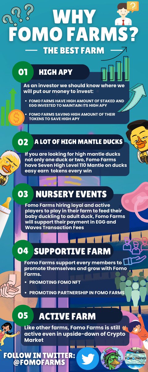 Why Fomo Farms? here's why:

1. High APY
2. A lot of High 
3. Nursery Events
4. Supportive Farm
5. Active Farm

Earn EGGS and TEAM FOMO TOKENS while Playing for free at Waves Ducks:
wavesducks.com/3P7aJ4qptwV73y…

Join in New NFT Game:
monsterhunt.org/?refId=8T7LFgX…

#FomoFarms #WavesDucks