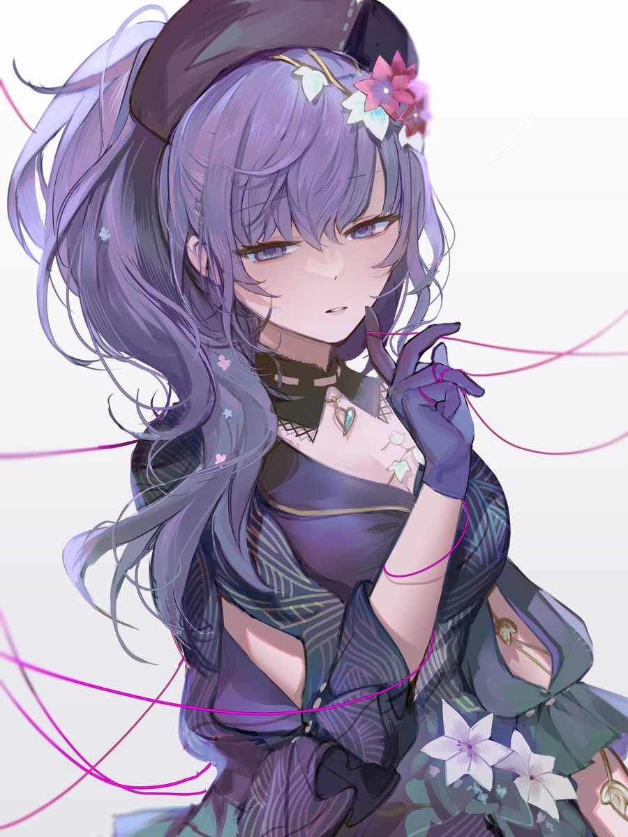 1girl solo flower purple hair gloves hair ornament purple eyes  illustration images