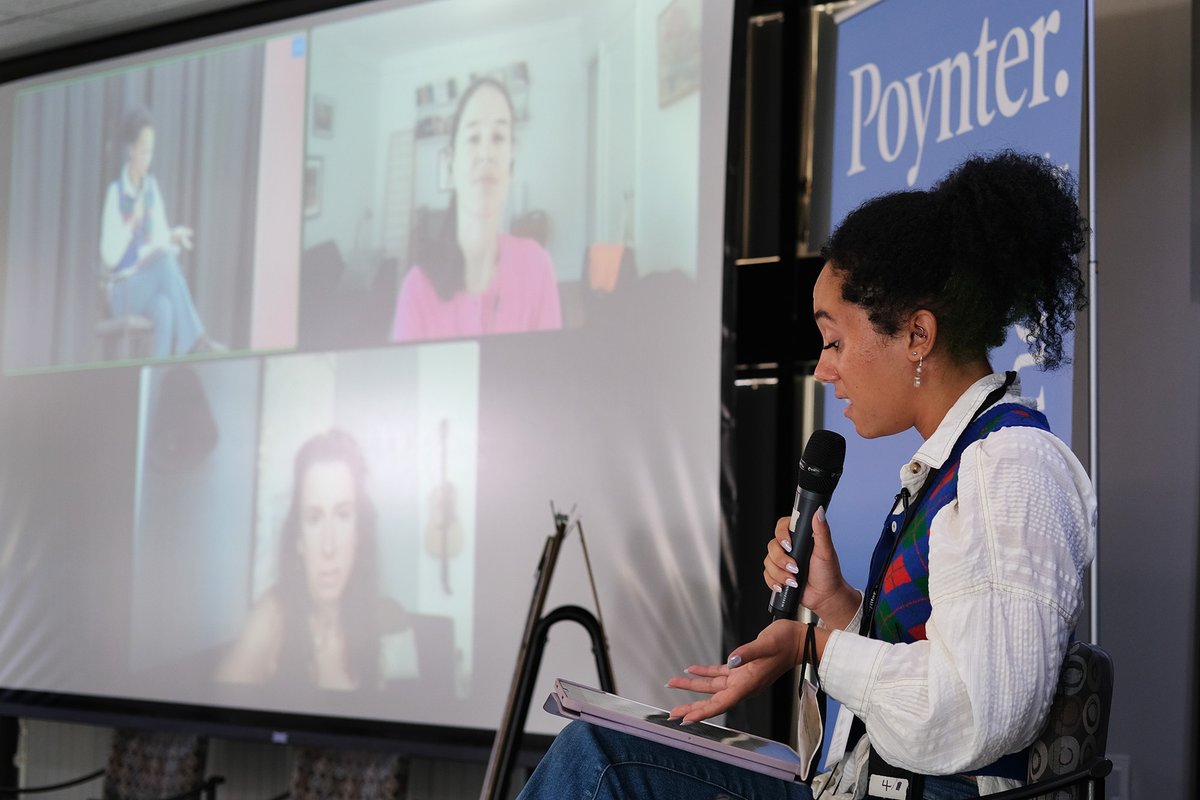 markejohnson's tweet photo. Nataly Joseph, right, interviews @jodikantor and @mega2e from 2nytimes during @poynter #Teacha22, talking about how to approach people and explain why you’re interested in a story - it happened to you, it may happen to others, that story matters. https://t.co/p0heO4qv5s