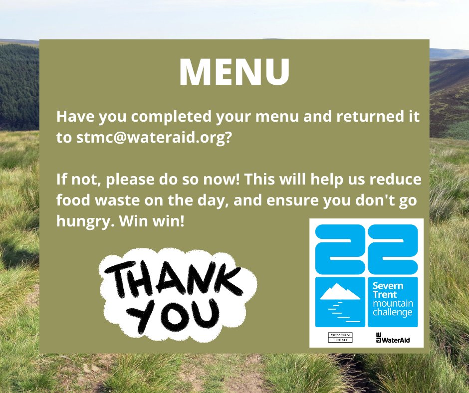 Have you filled in your menu for the day yet? You should have received this via email🍽️

Please complete this and send it over to stmc@wateraid.org as soon as possible so that we can get your orders in!