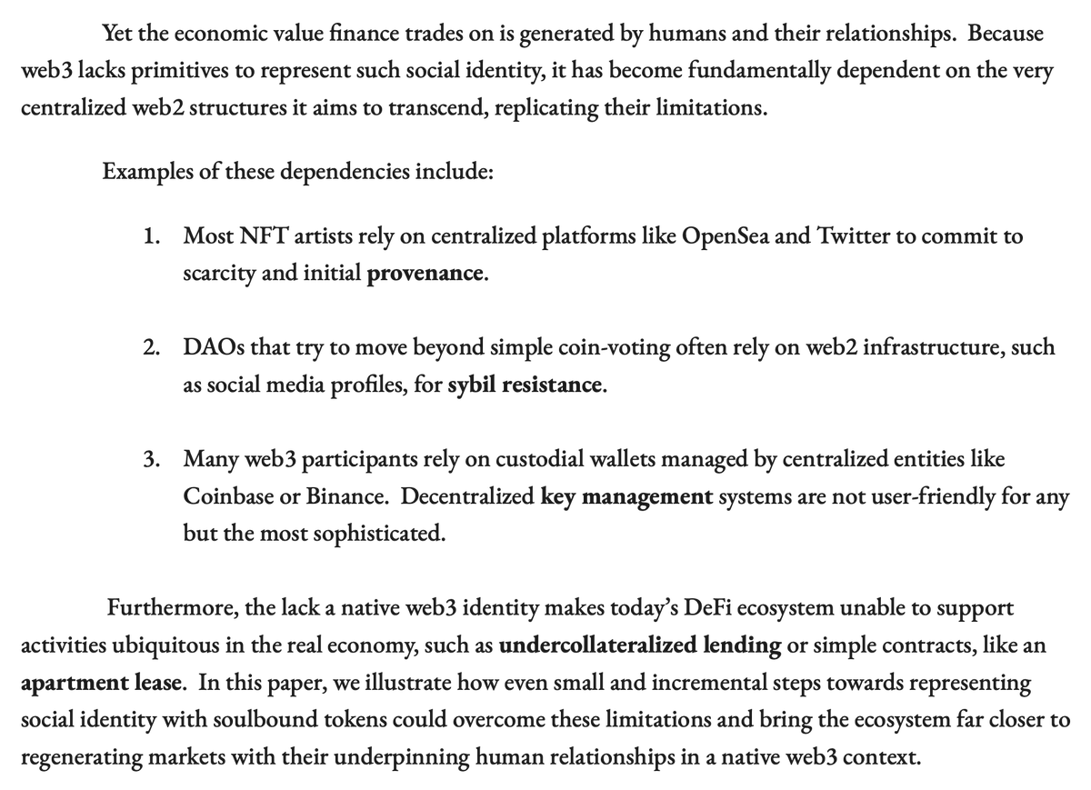 1/ (Introduction) Here the requirement of a web3 native identity is raised: The most important requirement is to gain context. The context provides provenance, humanity score(for Sybil resistance), and social relations(decentralized recovery for the wallet) #DeSoc #SBT