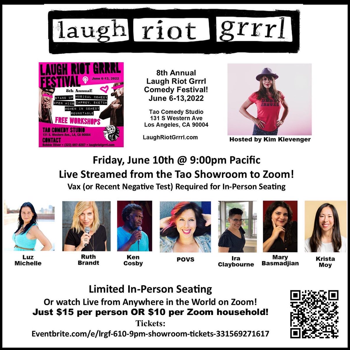 Tonight I will be performing at 9PM at the Laugriotgrrl Festival.

Free parking after 6pm and all day Sundays! NO Drink Minimums! (drinks by donation)

$15 in person and $10 on Zoom.

Tickets:
Friday 6/10 9:00pm Showroom
eventbrite.com/e/lrgf-610-9pm…