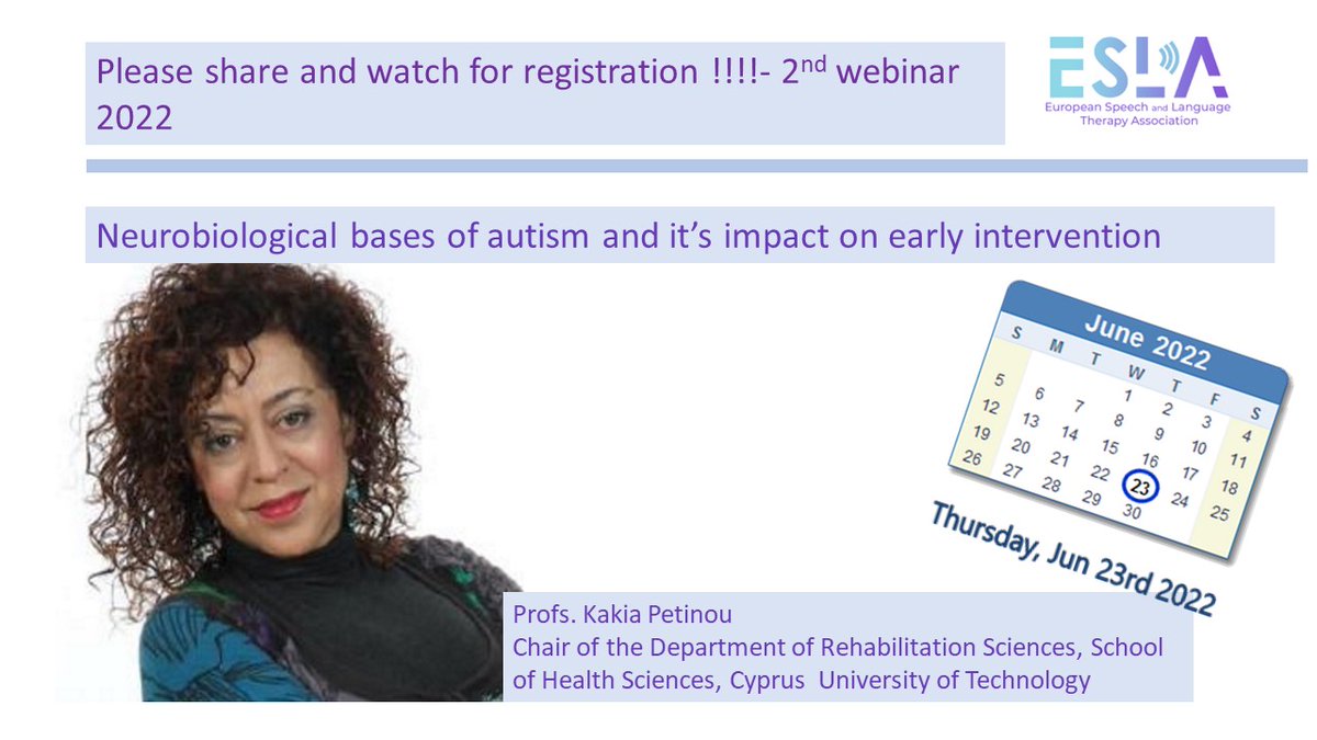 ESLAEurope's tweet photo. Our next ESLA webinar is coming! 🗣
Prof Kakia Petinou from the Cyprus University of Technology will hold a talk on "Neurobiological bases of autism and it’s impact on early intervention"
Register now! 🎫 https://t.co/mPvw8I6fdB https://t.co/y8J4xdEoul