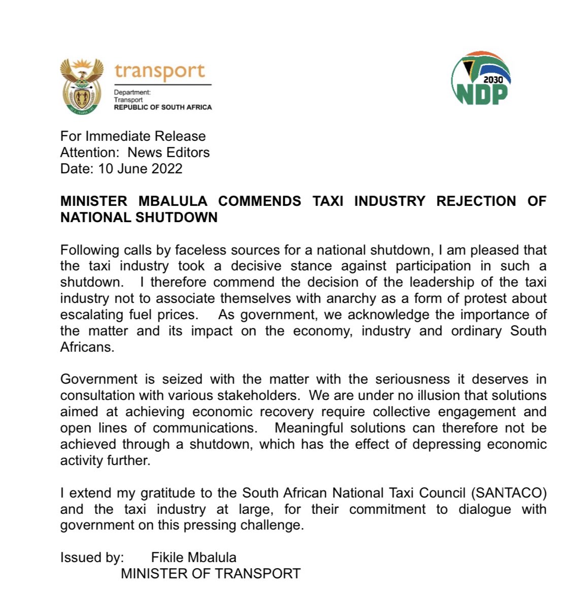 MbalulaFikile's tweet photo. WE COMMEND THE TAXI INDUSTRY’S REJECTION OF NATIONAL SHUTDOWN

Following calls by faceless sources for a national shutdown, I am pleased that the taxi industry took a decisive stance against participation in such a shutdown. https://t.co/a7Ldql0WDI