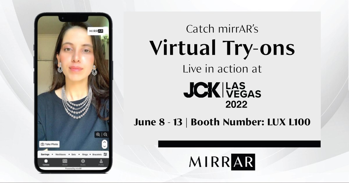 trymirrar's tweet photo. @JCKevents is now open to everyone! Meet our co-founder @meghnasaraogi at our booth and learn more about how AR technology can help boost your jewelry &amp; watch sales by up to 30%
.
#mirrAR #AR #AugmentedReality #VirtualTryOn #JCK #JCKLasVegas #Jewelry #Future #TheVenetian #Vegas https://t.co/tSRszSLWew