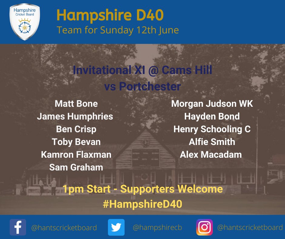 🏏 Hants Cricket Board (@hampshirecb) on Twitter photo Our #Super9s Academy & #D40 Invitational XI sides are back in action this Sunday ☀🏏
Super9s Academy Festival
🤝🏾 vs <a href="/DisabilitySCCC/">SurreyCCC Disability</a> <a href="/SussexCricketFd/">Sussex Cricket Foundation</a> & <a href="/hertscricket/">Hertfordshire Cricket</a>
📍 <a href="/CCFCricketClub/">C&CF Cricket Club</a>
D40 Invitational XI
🤝🏾 vs <a href="/PortCricketClub/">Portchester Cricket Club</a>
📍 Cams Hill School
#Hampshire #Disability Our #Super9s Academy & #D40 Invitational XI sides are back in action this Sunday ☀🏏
Super9s Academy Festival
🤝🏾 vs <a href="/DisabilitySCCC/">SurreyCCC Disability</a> <a href="/SussexCricketFd/">Sussex Cricket Foundation</a> & <a href="/hertscricket/">Hertfordshire Cricket</a>
📍 <a href="/CCFCricketClub/">C&CF Cricket Club</a>
D40 Invitational XI
🤝🏾 vs <a href="/PortCricketClub/">Portchester Cricket Club</a>
📍 Cams Hill School
#Hampshire #Disability