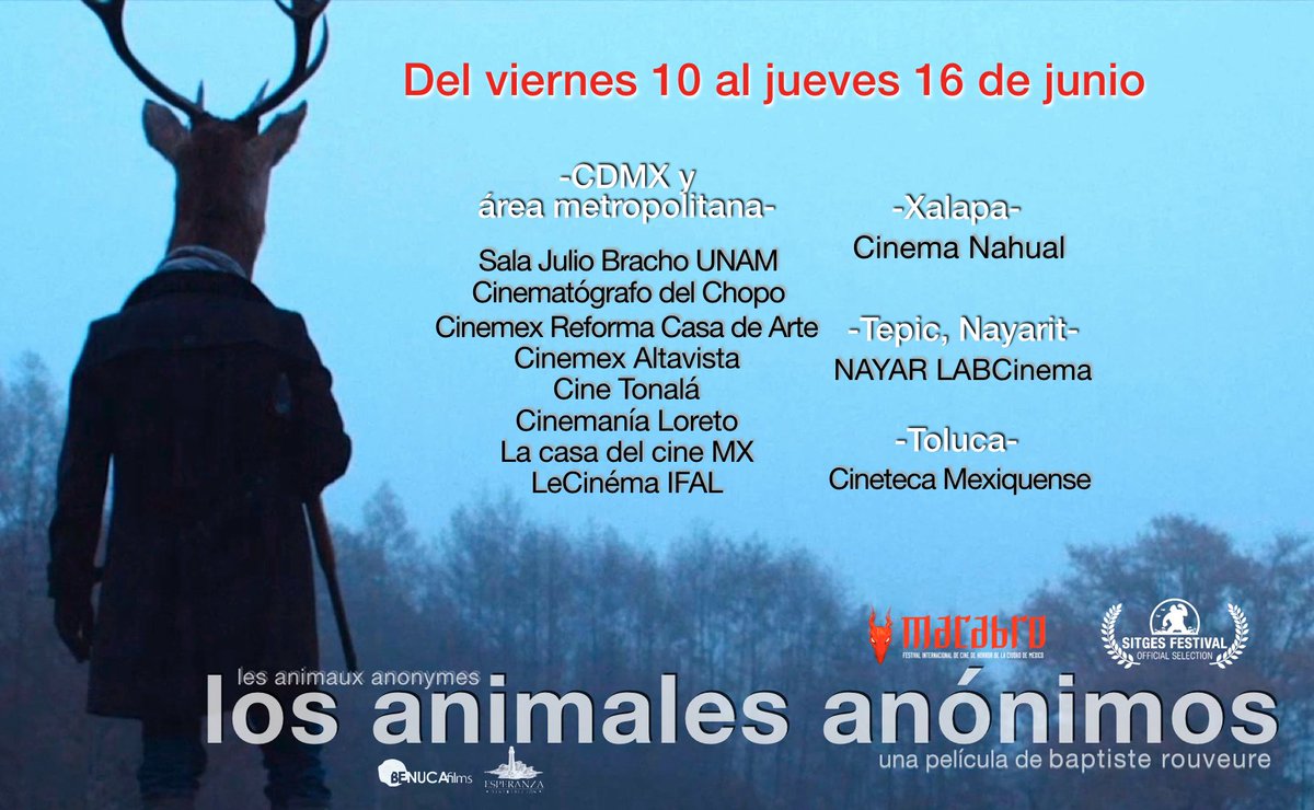 BenucaFilms's tweet photo. Cuando el cazador se convierte en presa.
LOS ANIMALES ANÓNIMOS entra a su 4ª semana en cines. Te compartimos dónde puedes ver esta ganadora en @sitgesfestival @EspantoFilm @santiagohorror @terrorMolins y Selección Oficial de @MacabroFICH
#animalesanónimos
#NayarLab https://t.co/XByo7g85gm