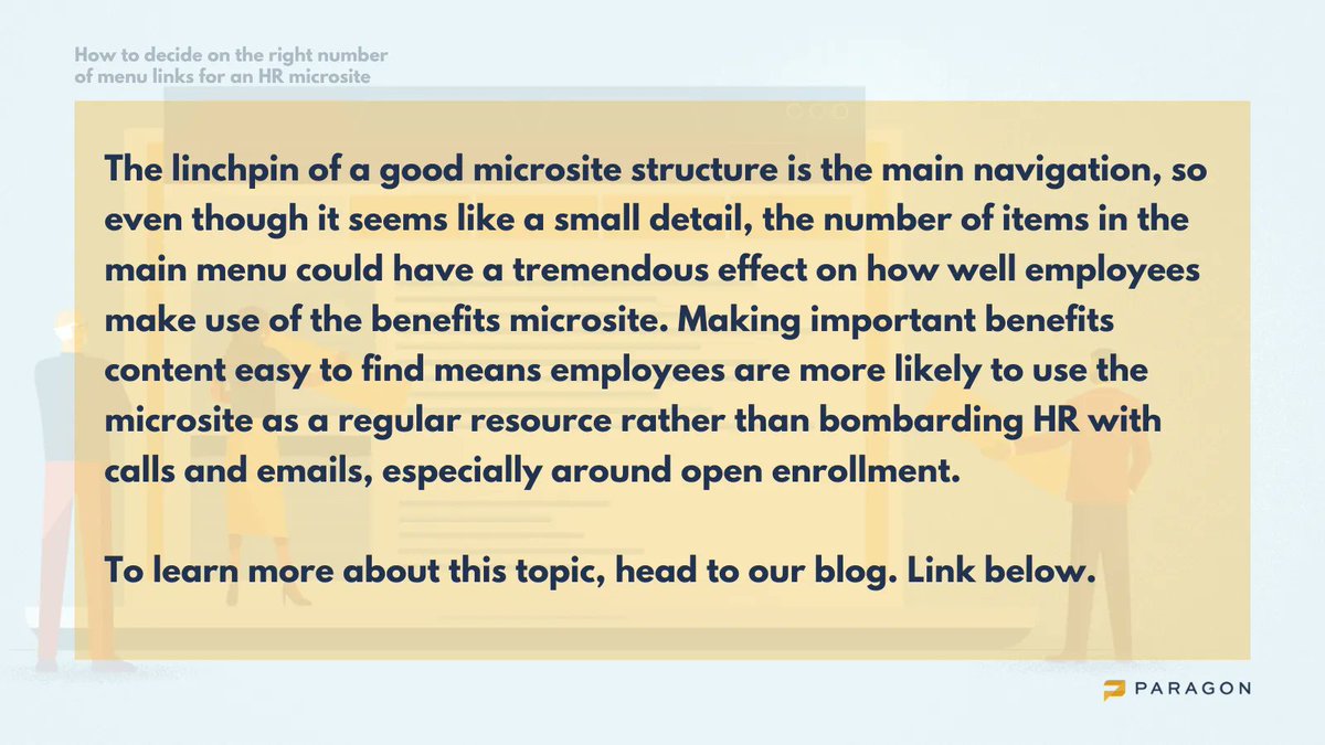 From our article "How to decide on the right number of menu links for an HR microsite". buff.ly/3alk8KH

#engagement #benefitsmicrosites #microsites #benefits #communicationstrategists #designsolutions #b2b #b2e #communicationstrategy #hr #buildbetterrelationships #design