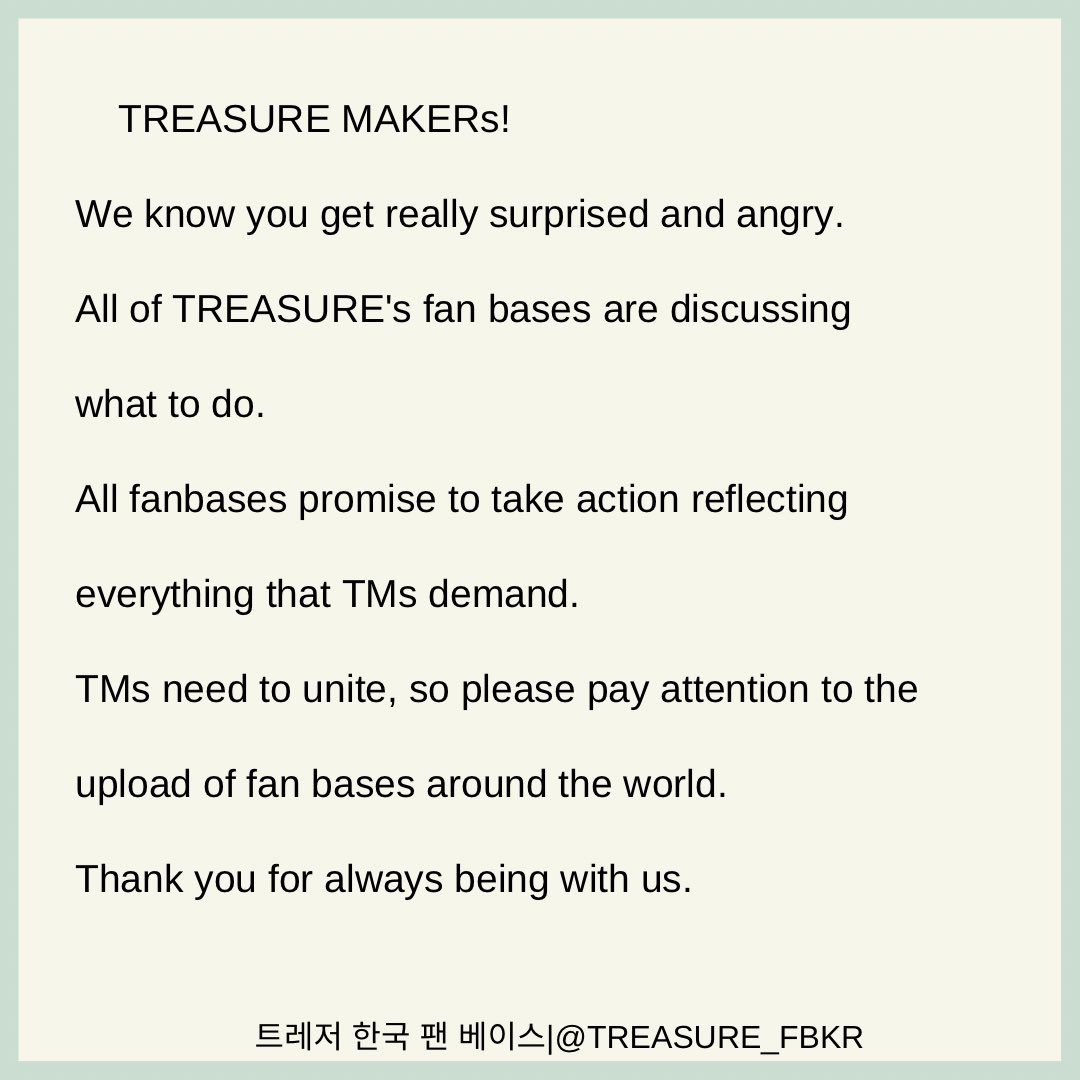 💥 트레저 한국 팬 베이스에서 알립니다 ! 꼭 읽어 주시면 감사합니다 🙏

This is an important notice from the Treasure’s Korean fanbase! We would appreciate it if you all read this carefully🙏