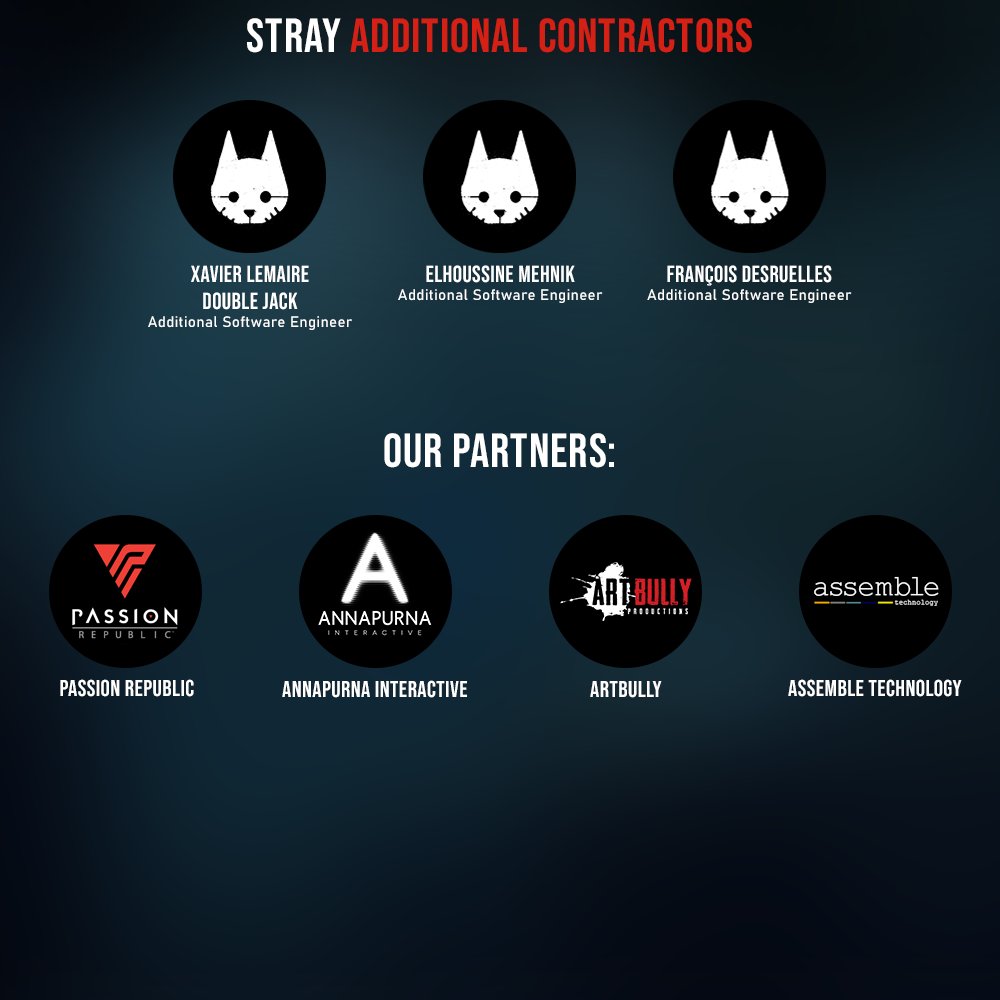 Here are the people behind "STRAY". There is a lot of work and soul put into this game. We are so proud of the team❤️
Viv &amp; Koola