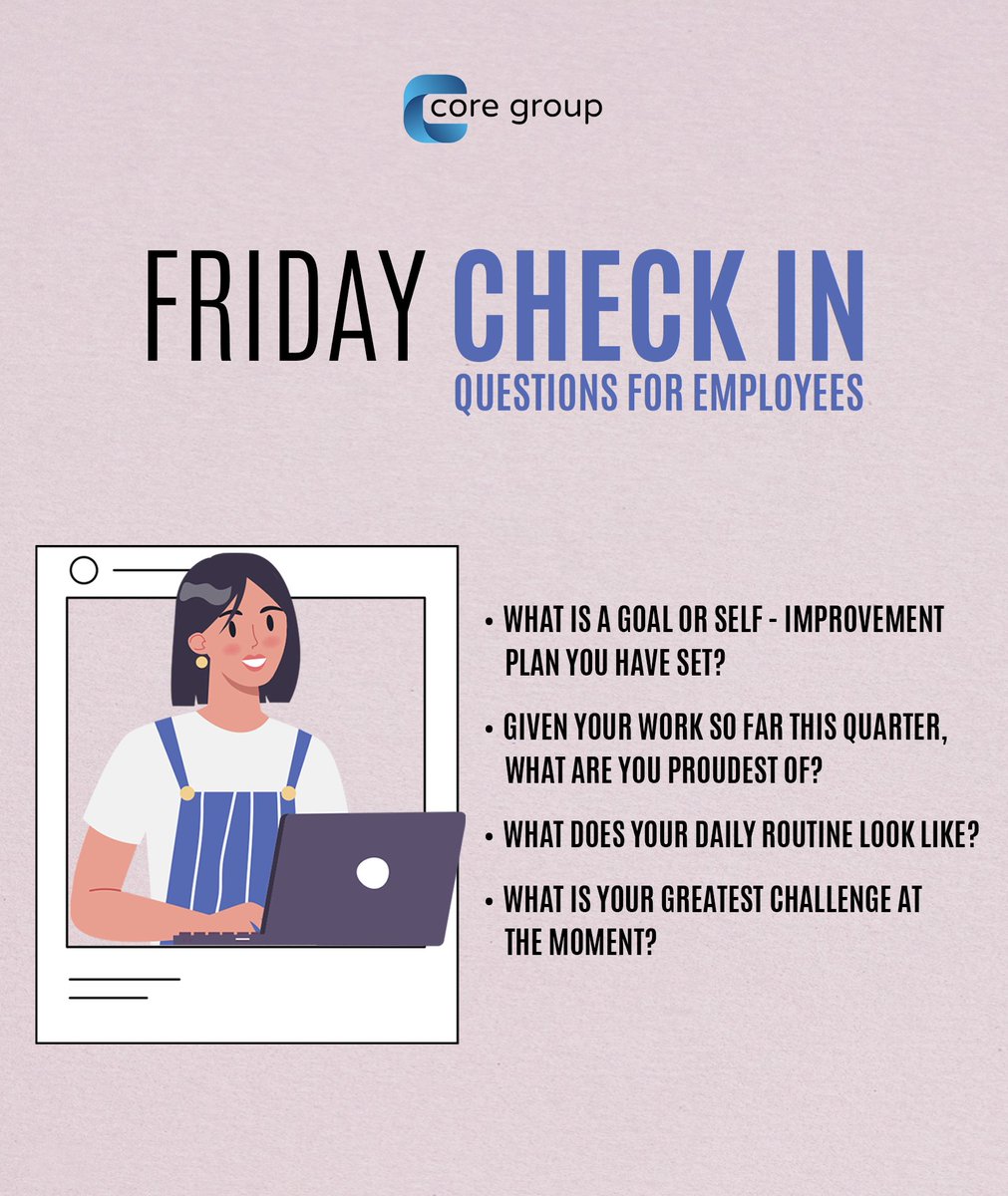 CoreGroup_UK's tweet photo. Take a moment to check in with each person on your team. What progress did you make this week? How can we as a company help to keep you afloat? 💜🙌 #FridayCheck-in 

#selfcare #selfcarethreads #selfcaretips #selfcarematters #selfcarefirs #reflection #workbalance https://t.co/mGwQ4ec5Q3