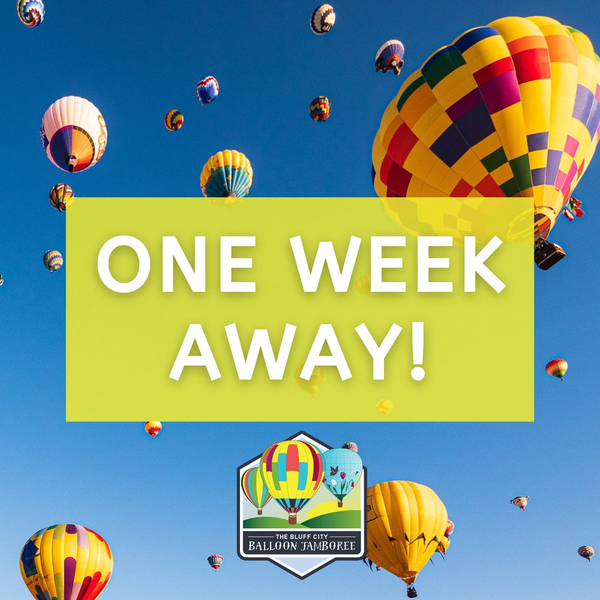 ✨ ONE WEEK AWAY! ✨ Make this Father's Day Weekend one to remember by seeing dozens of hot air balloons in all shapes and colors on June 17-19! If you haven't purchased your tickets - now is the time to do so! 🎟️ …ckets.thebluffcityballoonjamboree.com 

Gates open at 4 p.m. each night!