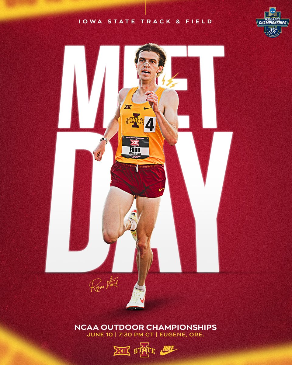 🚨 MEET DAY 🚨

🏃‍♂️ #NCAATF 
⌚ Discus: 7:35 PM CT; 800m: 914 PM CT; 5K: 9:55 PM CT
📍 Eugene, Oregon
🏟️ Hayward Field
📺 Field: ESPN3; Run: ESPN2
💻 (Discus) es.pn/3NFbeGJ
💻 (Run) es.pn/3O3cWS8
📊 bit.ly/3tluSzz

#CycloneSZN #Run4ISU #Throw4ISU