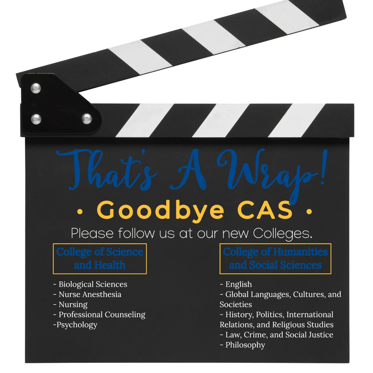 The College of Science &amp; Health will house the Biological Sciences, Nurse Anesthesia, Nursing, Professional Counseling, &amp; Psychology departments.

College of Science and Health
Facebook - buff.ly/3xkB4sB
Insta - buff.ly/3HbXlh6
Twitter - buff.ly/3Hcs0ea