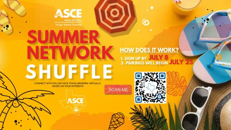 TEXASCEtweets's tweet photo. Expand your network! Connect virtually with fellow ASCE Texas YMs thru the Summer Networking Shuffle. Learn more about the event and register by July 8th via this link; https://t.co/s8o5f4pyZP
#TexasASCE #networking #ASCE #civilengineering https://t.co/Pz64b0Jqfp