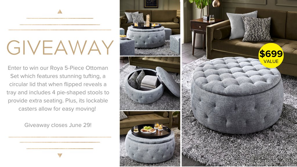 #GIVEAWAY ALERT ⭐️ Enter to win our Roya 5-Piece Ottoman Set valued at $699!⁠ Enter here -> l8r.it/RDS1

🍀 Good luck! ⁠

Giveaway ends Wednesday June 29, 2022, at 11:59 P.M. Giveaway is not open to residents of Quebec. See giveaway page for full rules.⁠

#win