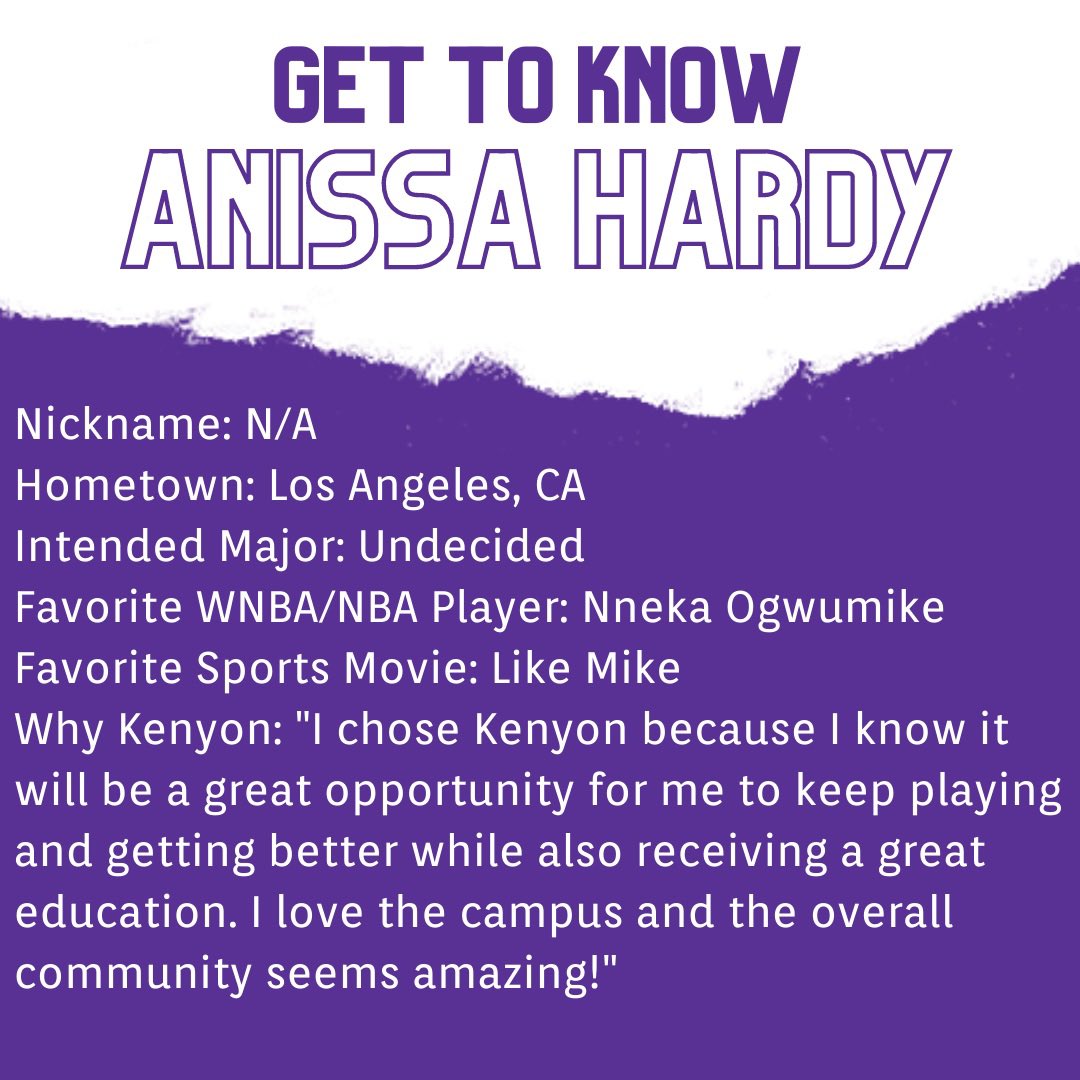 KenyonWBB's tweet photo. Last but certainly not least 👏 Help us welcome Anissa Hardy to our KCWBB family and get to know a little more about her ⬇️

#KCWBB #together #gettoknow #incomingclass https://t.co/qIjC1kPMv0