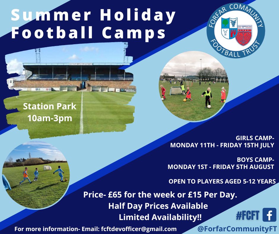 ☀️ ⚽️ Summer Football Holiday Programme for boys &amp; girls in #ActiveForfar lead by Forfar Community Football Trust!Check out dates &amp; contact details ⬇️ for more info <a href="/Whitehillsps/">Whitehills Primary</a> <a href="/StrathmorePS/">Strathmore Primary</a> <a href="/LanglandsPS/">Langlands PS</a> <a href="/AberlemnoPS/">Aberlemno PS</a> <a href="/LethamPS/">Letham Primary Angus</a> <a href="/InverarityPS/">Inverarity Primary School</a> <a href="/tealing_ps/">Tealing PS</a> <a href="/Strathmartineps/">Strathmartine PS</a>