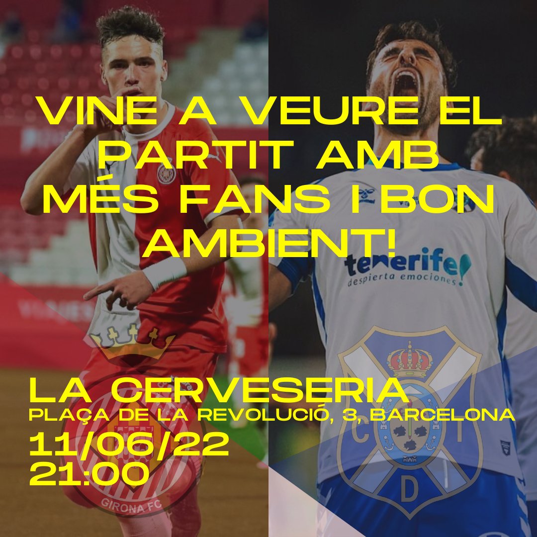 inxa_app's tweet photo. 🔴⚪Girona FC – CD Tenerife⚪🔵

Si demà ets a Barcelona t'esperem a les 21 h⏰ per veure el partit a La Cerveseria (Plaça de la Revolució, 3)📌

Comenta la jugada.

#GironaTenerife #LaLigaSmartbank #UnidosPorElPlayoff #GironaFC #CDTenerife #Playoff #Montilivi #AscensoAPrimera https://t.co/Cg4VcFedXI