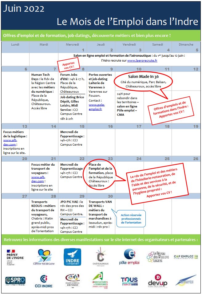 #emploi ✍️

Retrouvez le mois de l’emploi dans l’Indre : offres d’emplois et de formations, job-datings, découverte de métiers et bien plus encore !

Téléchargez le calendrier des actions sur notre site internet
💻indre.gouv.fr/Actualites/Bre…