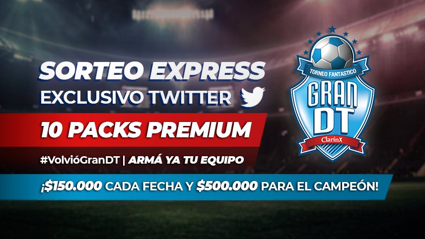 VOLVIÓ GRAN DT y nos rompemos ese #SORTEO de ¡10 PACKS PREMIUM! ⚽️🔥

¿CÓMO PARTICIPAR? 📌
1⃣ Armá tu equipo en grandt.com.ar
2⃣ Dale MG❤️ y RT🔃 a este tweet
3⃣ Twitteá con el hashtag #VolvióGranDT (cuantas más veces, más chances)
⚠️ Solo podés participar hoy VIE 10/6