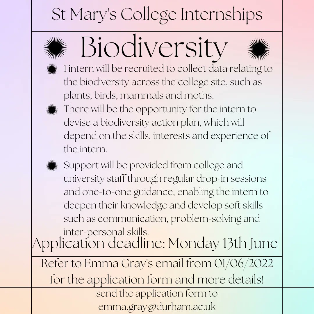 Current Mary's students can apply now for the various positions available with the College Internship Programme. Here's some information about the Alumni Coordinator and Biodiversity roles 🌟

DEADLINE: 9AM MONDAY 13TH JUNE
#stmaryscollegedurham #stmaryscollegeinternshipprogramme