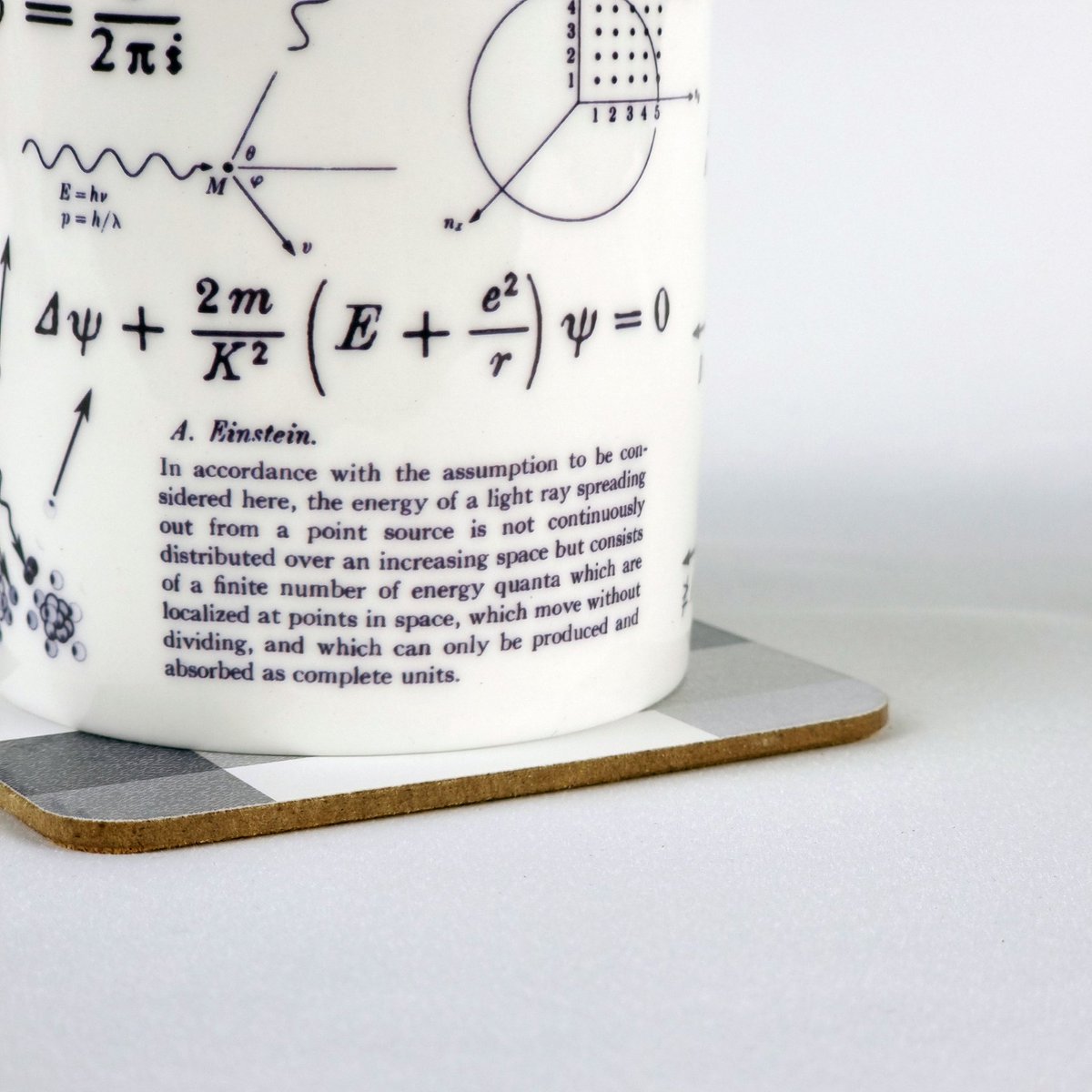 Said to be "the most revolutionary sentence written by a scientist in the 20th century" a translation of a portion of Einstein's 1905 paper on the photoelectric effect is included on our QM mug.