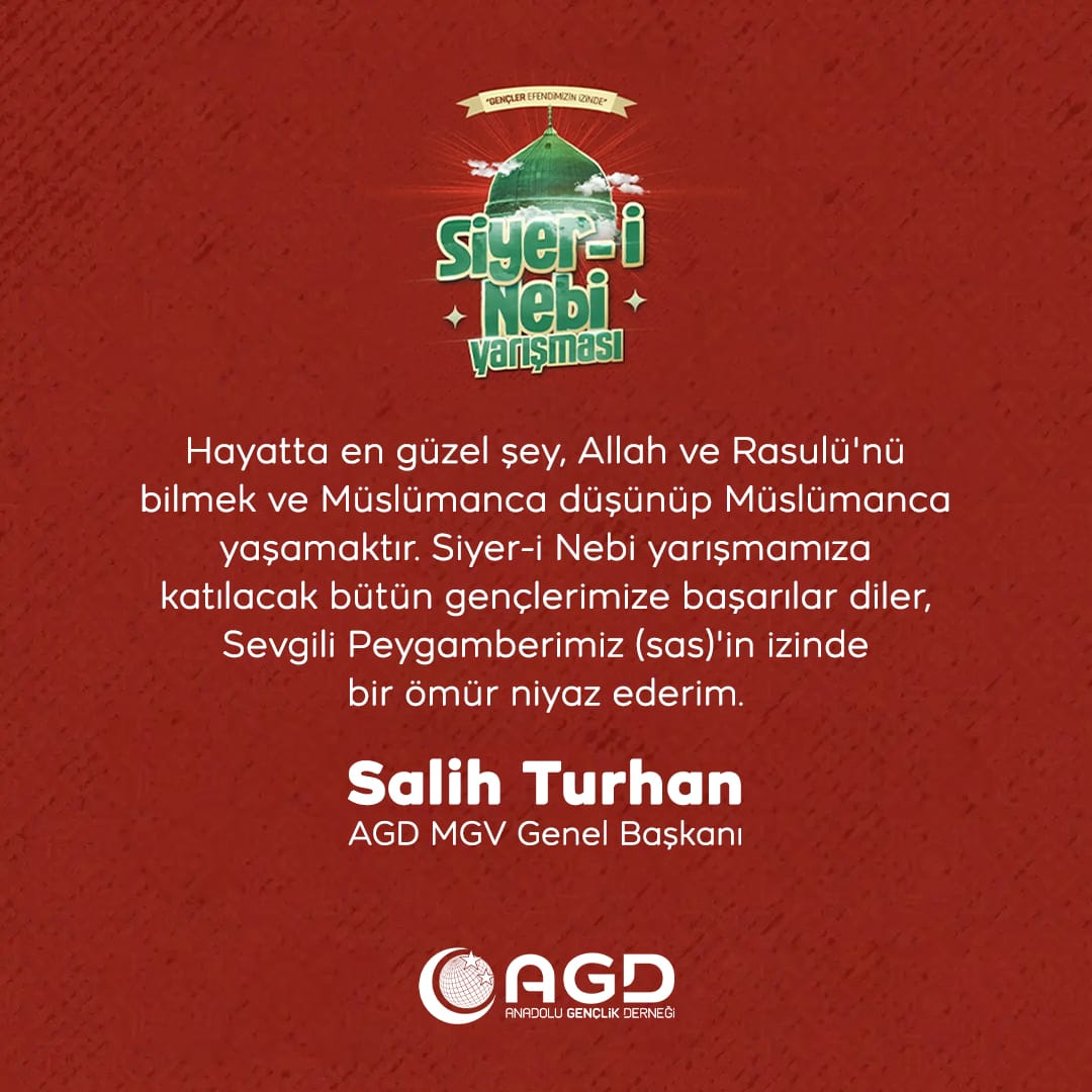 Hayatta en güzel şey, Allah ve Rasulü'nü bilmek ve Müslümanca düşünüp Müslümanca yaşamaktır. Siyer-i Nebi yarışmamıza katılacak bütün gençlerimize başarılar diler, Sevgili Peygamberimiz(sas)'in izinde bir ömür niyaz ederim. #GençlerEfendimizinİzinde 🌹