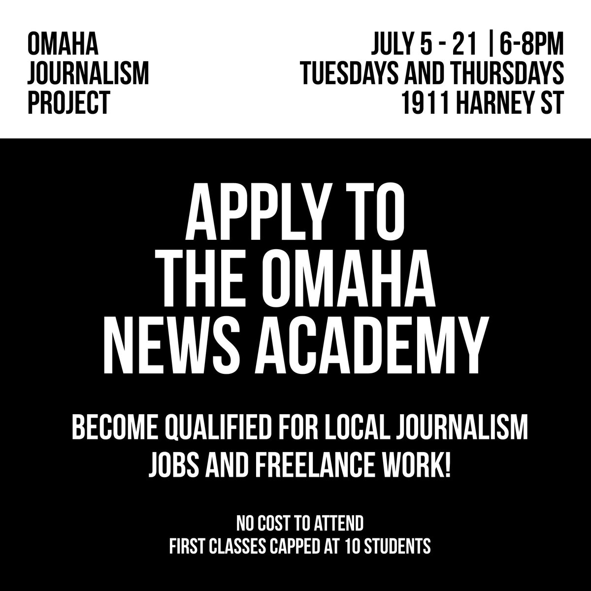 This summer, @noiseomaha and @flatwaterfreep are launching a course covering the basics of journalism.The first class is capped at ten students. While there is no cost to attend. Tuesday and Thursday evenings from 6-8 July 5 - 21. Apply here: tinyurl.com/2p9at4fa
