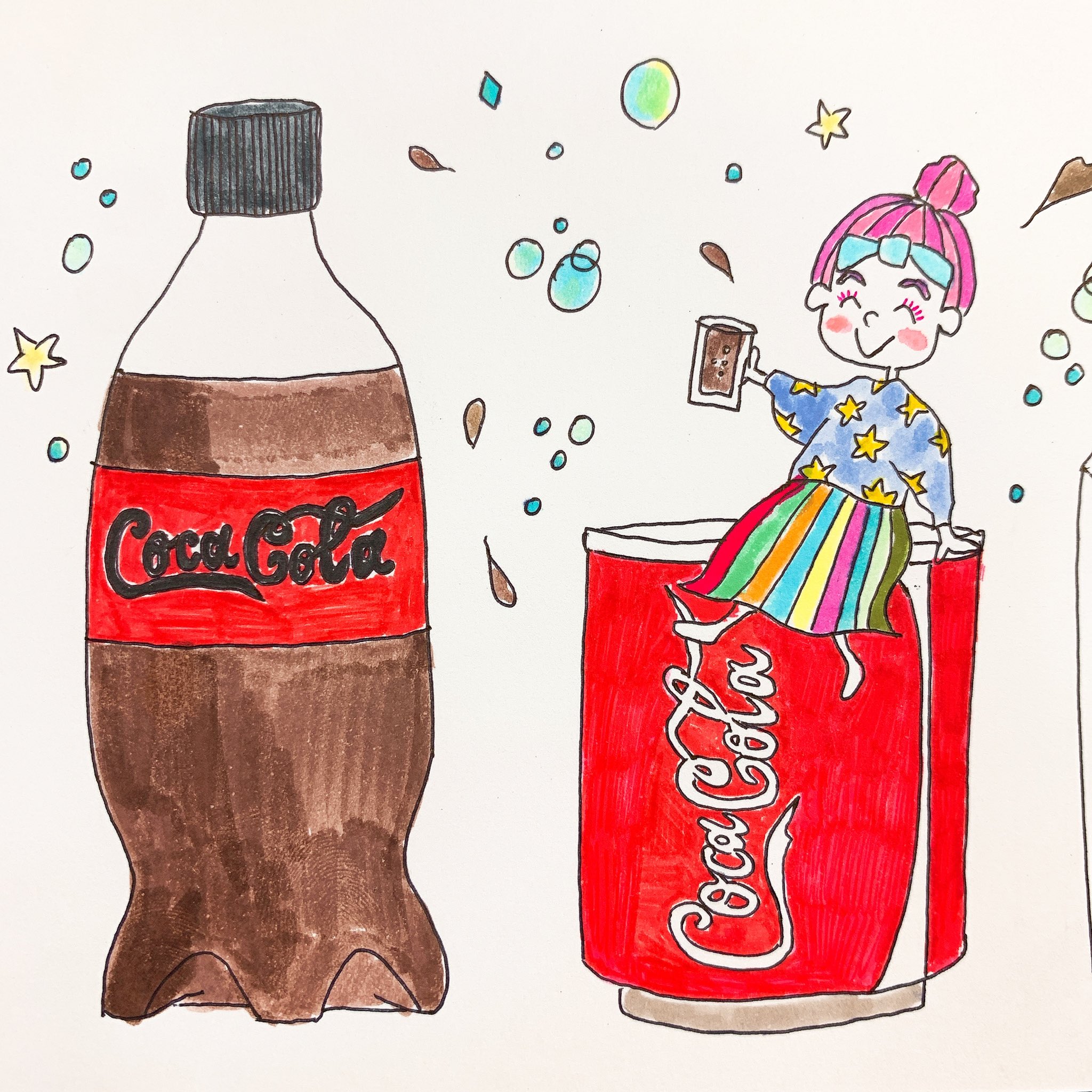 Tsun お風呂あがりのビール がやめられない いや 私は0カロリーコーラ 笑 ビールのおいしさはきっとずっとわからないアラサーです笑 イラスト 手書きイラスト イラスト好きな人と繋がりたい イラストレーター コカコーラ 炭酸 ビール T
