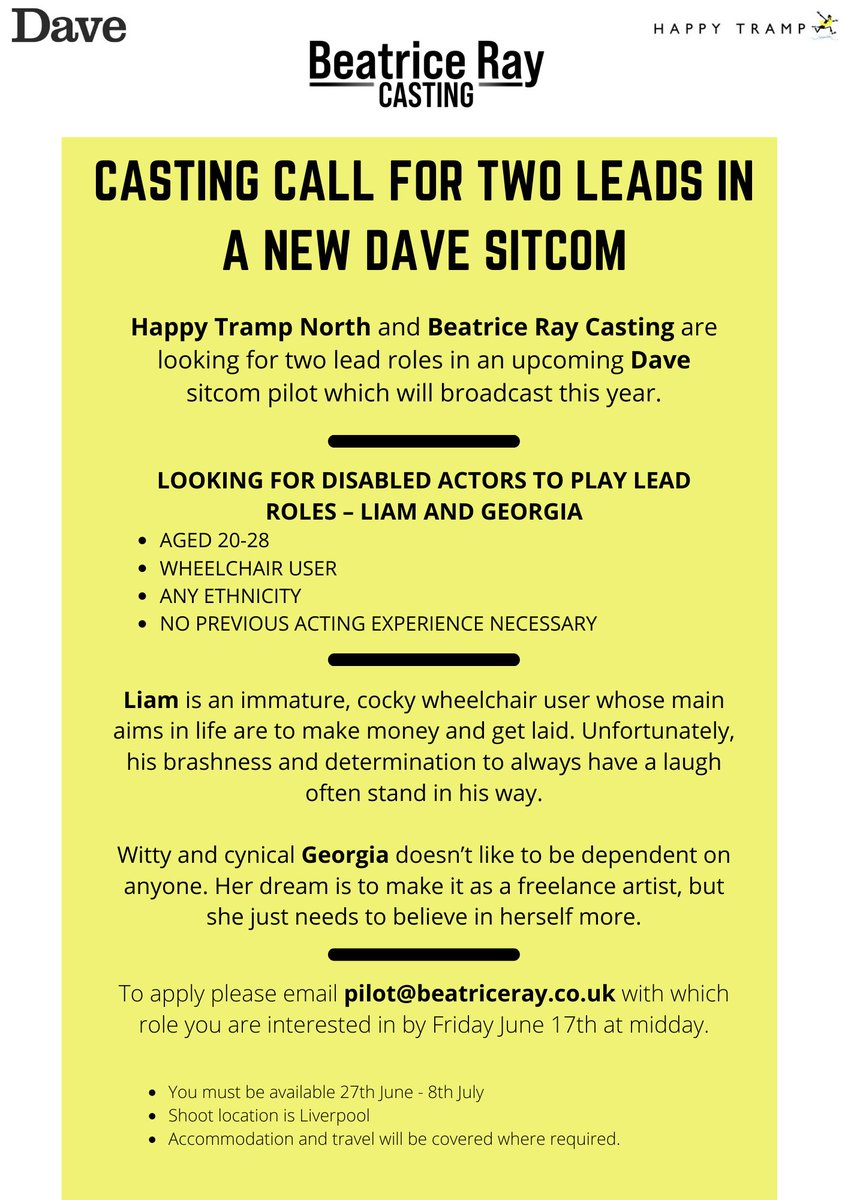OIOI! Really great casting opportunity for a BRILLIANT comedy pilot. Looking for disabled actors to play lead roles. Please share and RT to your heart's delight