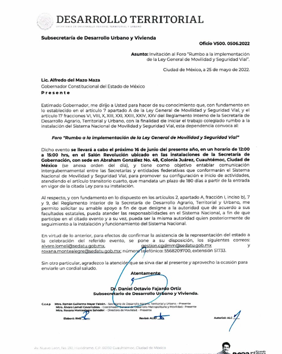 <a href="/alfredodelmazo/">Alfredo Del Mazo</a>  le llegó invitación para asistir al Foro: Rumbo a la Implementación de la Ley General de Movilidad y Seguridad Vial
Desde la <a href="/REMEMOS_Edomex/">Red Mexiquense por la Movilidad Sostenible</a>  estaremos atentos a su participación.
