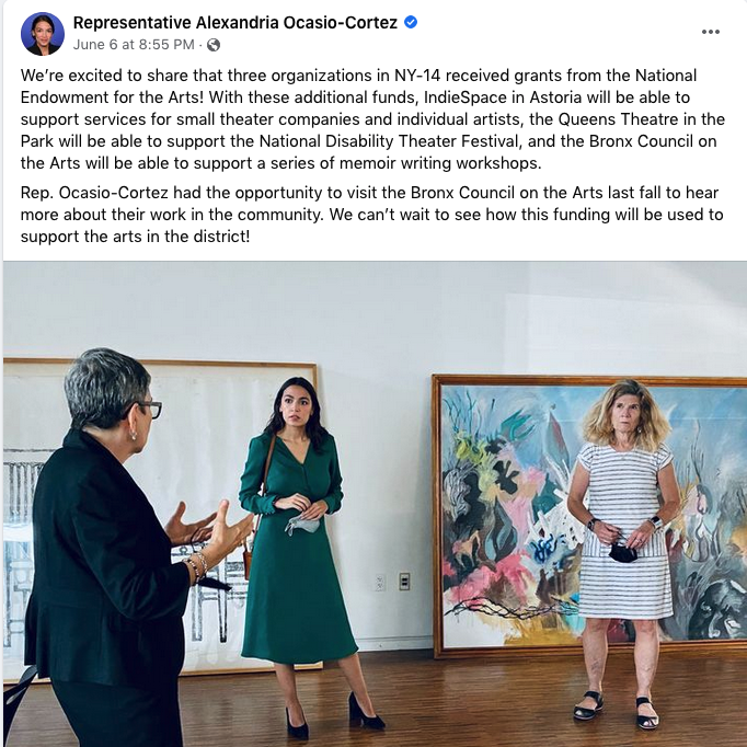 We are SO honored to have been recognized by our Congresswoman <a href="/repAOC/">Rep. Alexandria Ocasio-Cortez</a>. We are grateful for your leadership in our district!
The NEA grant is a milestone for our organization. We are thrilled that these funds will support our Community Resource Program. facebook.com/repAOC/posts/5…